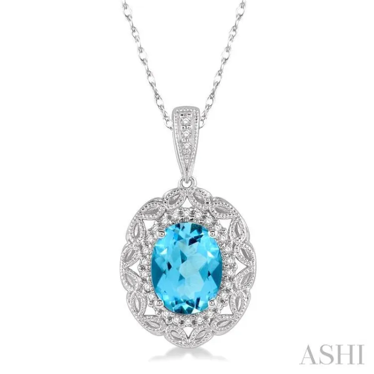 1/10 Ctw Oval Cut 8x6 MM Blue Topaz & Round Cut Diamond Semi Precious Pendant With Chain in 10K White Gold