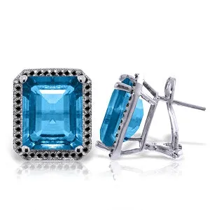 14K Solid White Gold Stud French Clips Earrings Diamonds & Blue Topaz