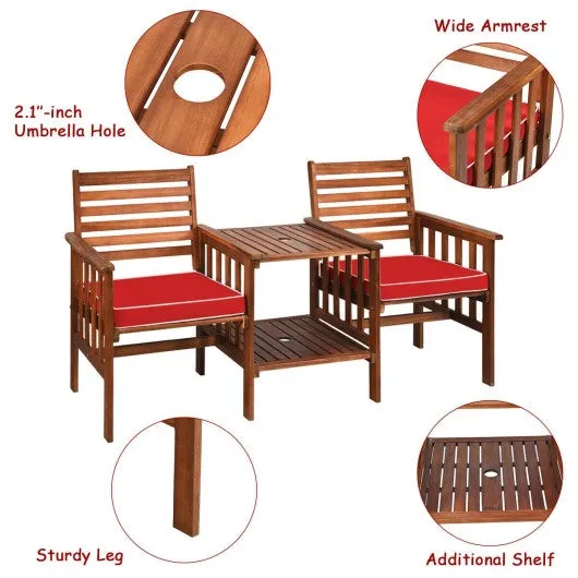 3 pcs Outdoor Patio Table Chairs Set Acacia Wood Loveseat-Red