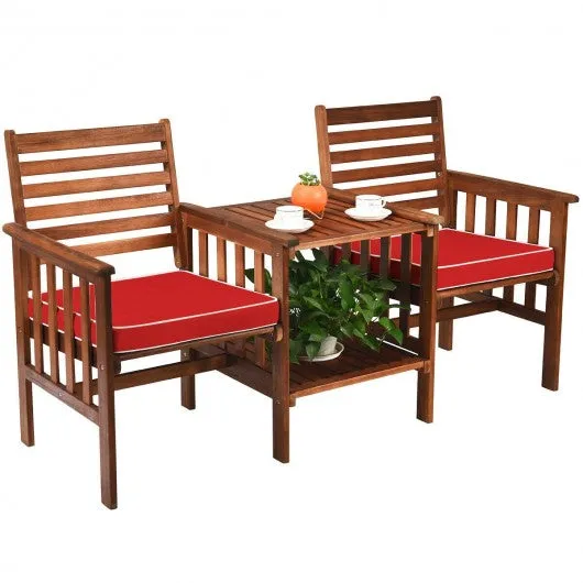 3 pcs Outdoor Patio Table Chairs Set Acacia Wood Loveseat-Red