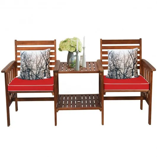 3 pcs Outdoor Patio Table Chairs Set Acacia Wood Loveseat-Red