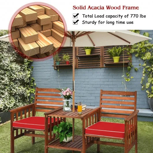 3 pcs Outdoor Patio Table Chairs Set Acacia Wood Loveseat-Red