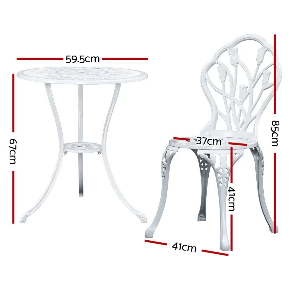 3PC Outdoor Setting Bistro Set Chairs Table Cast Aluminum Patio Furniture Tulip White