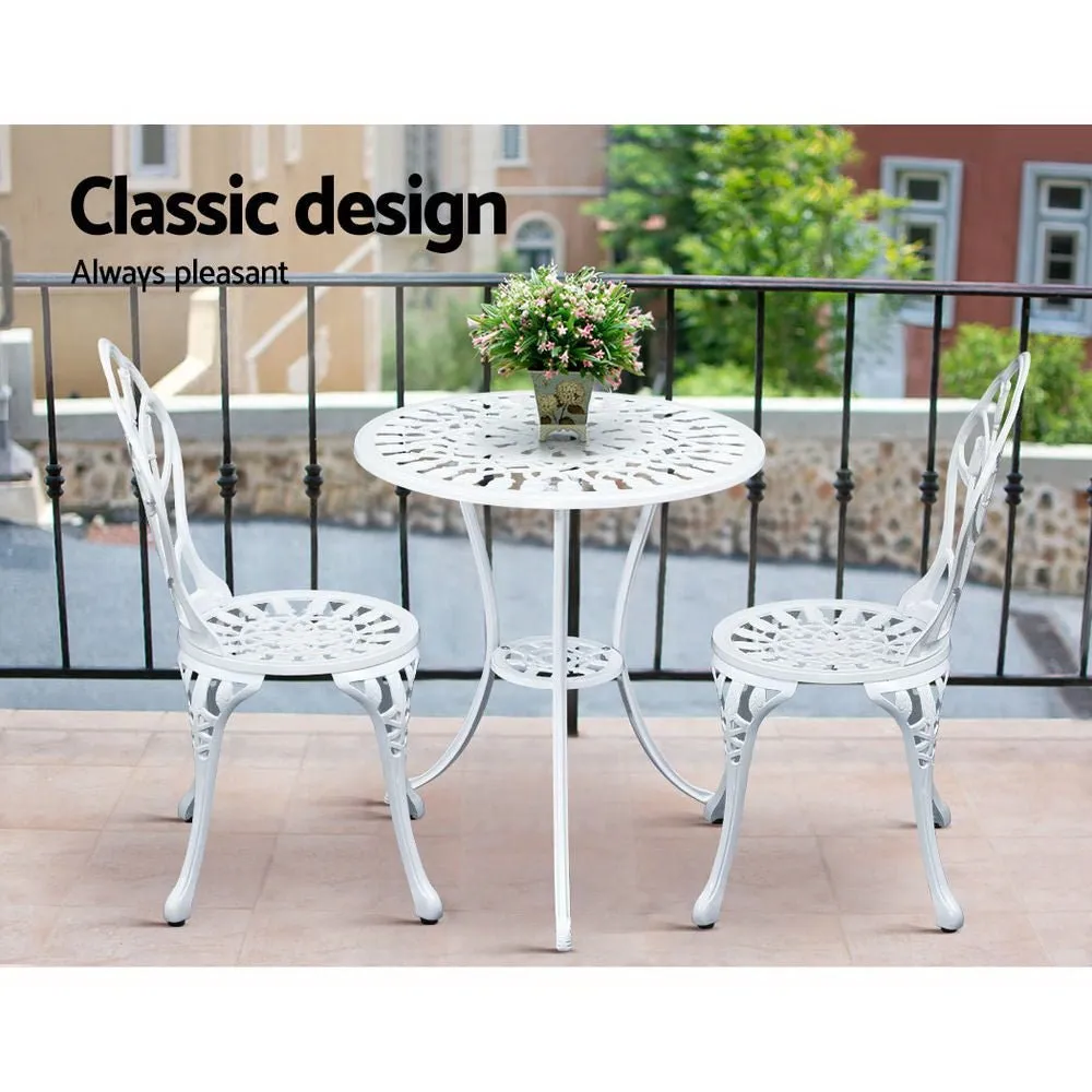 3PC Outdoor Setting Bistro Set Chairs Table Cast Aluminum Patio Furniture Tulip White