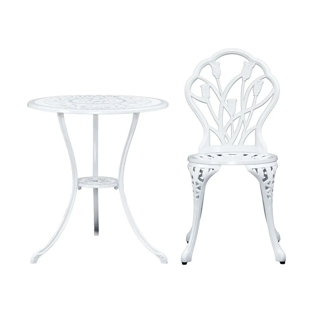 3PC Outdoor Setting Bistro Set Chairs Table Cast Aluminum Patio Furniture Tulip White