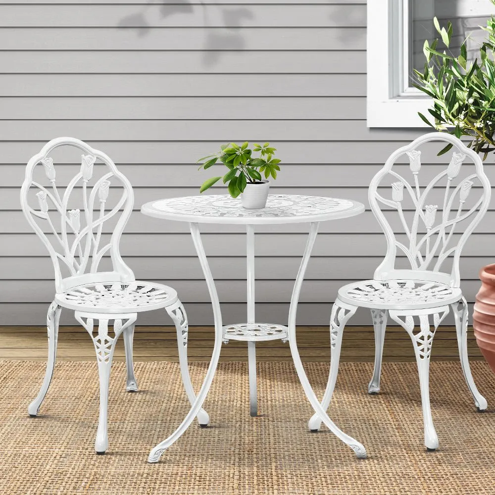 3PC Outdoor Setting Bistro Set Chairs Table Cast Aluminum Patio Furniture Tulip White