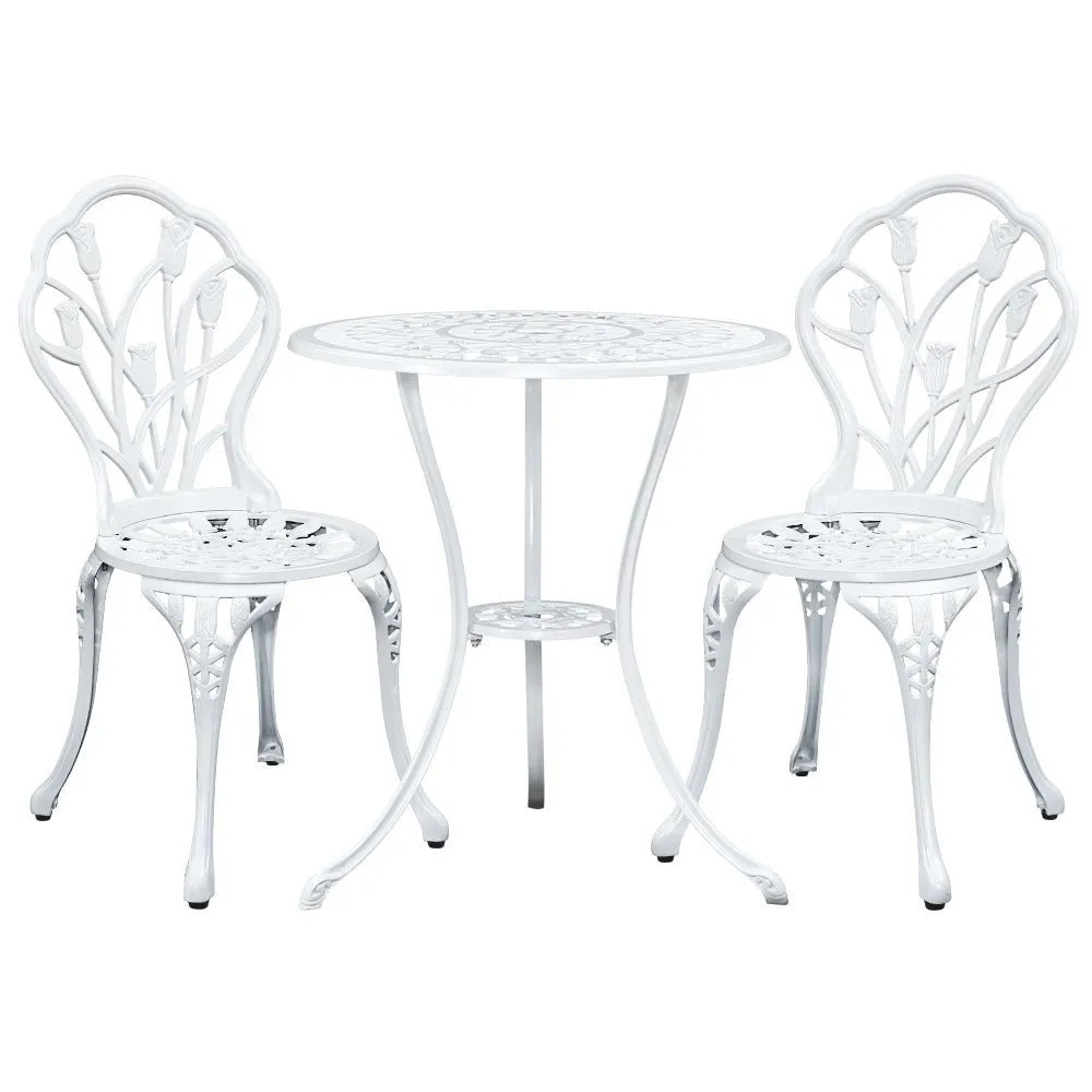 3PC Outdoor Setting Bistro Set Chairs Table Cast Aluminum Patio Furniture Tulip White