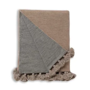 Alicia Adams Alpaca Bali Pompom Throw in Light Taupe and Light Grey