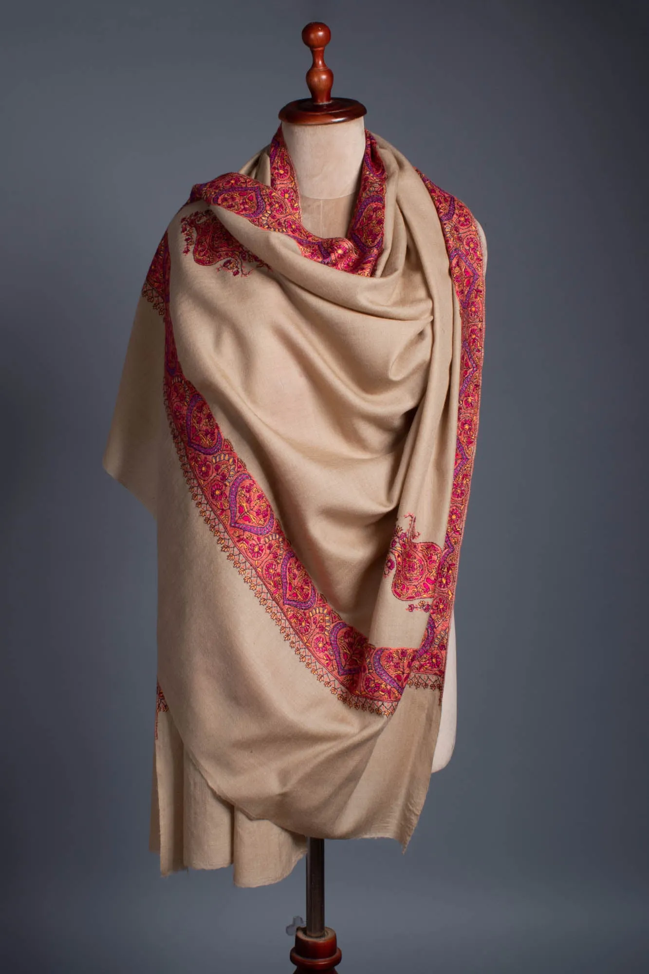 Beige Hand Embroidered Woolen Shawl - KAMRAN