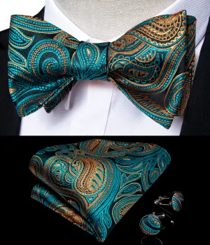 Blue Yellow Paisley Silk Self-Bowtie Pocket Square Cufflinks Set