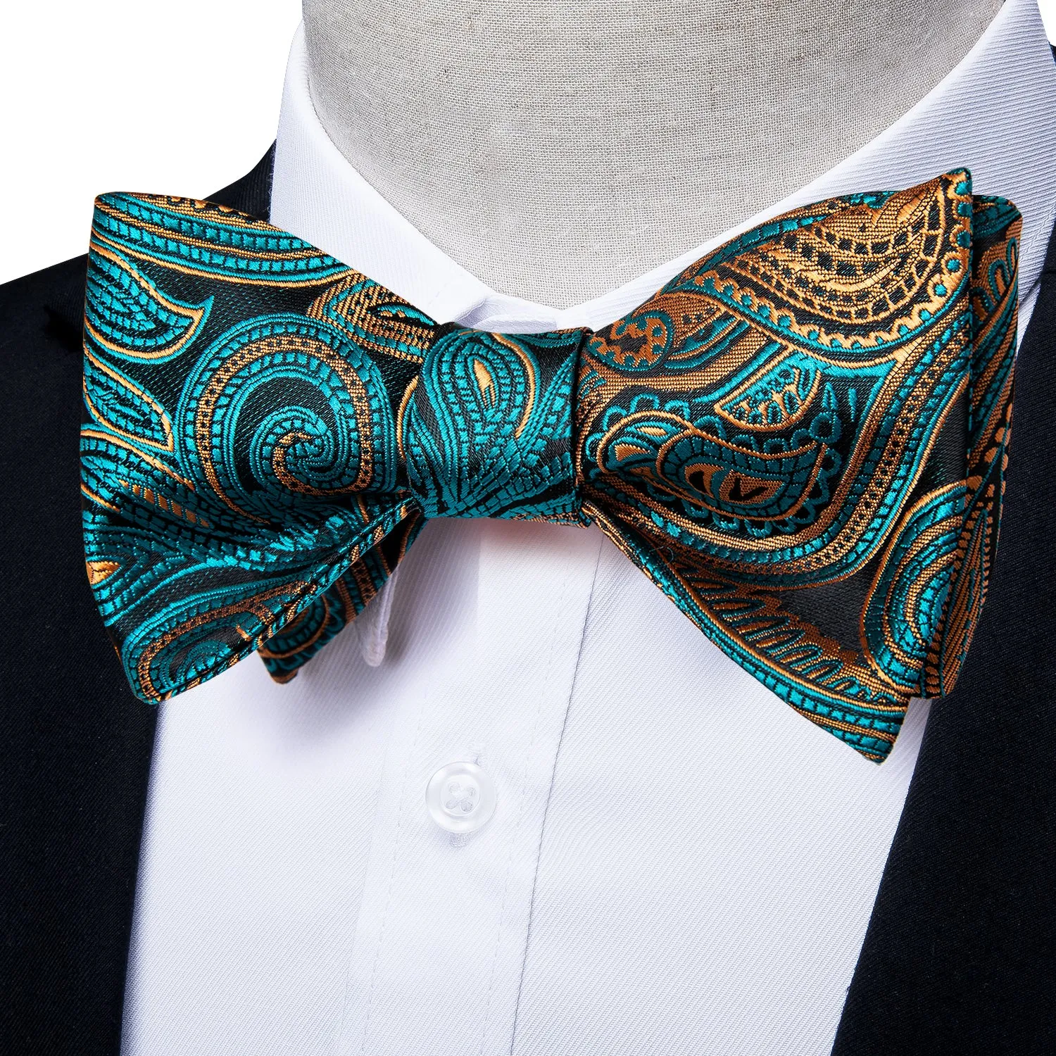 Blue Yellow Paisley Silk Self-Bowtie Pocket Square Cufflinks Set