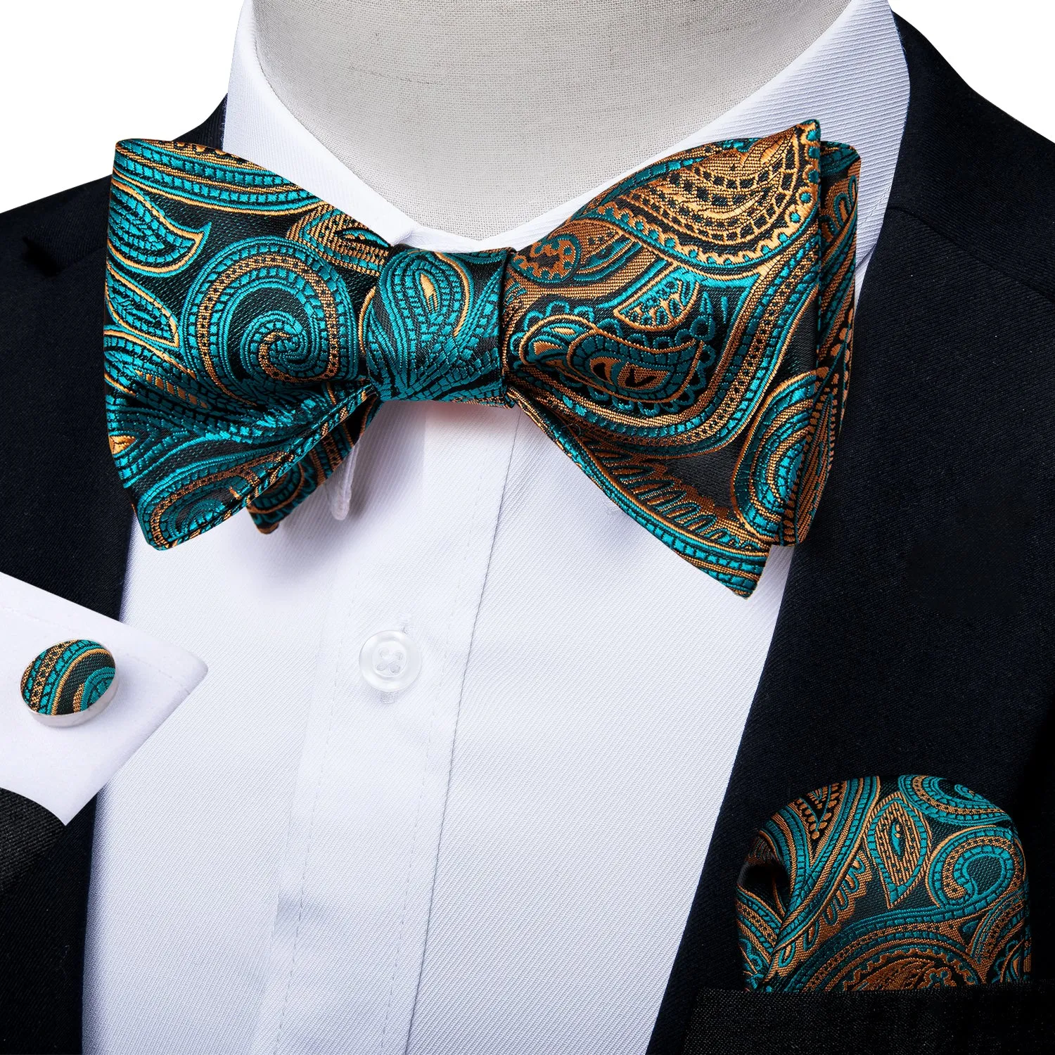 Blue Yellow Paisley Silk Self-Bowtie Pocket Square Cufflinks Set