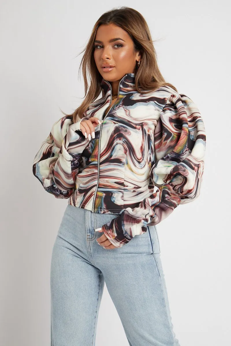 Brown Marble Print Puff Shoulder Jacket - Keaton