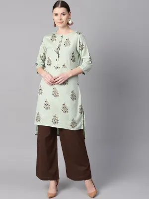 Floral Printed Assymetrical Kurta With Solid Chocolate Brown Palazzo