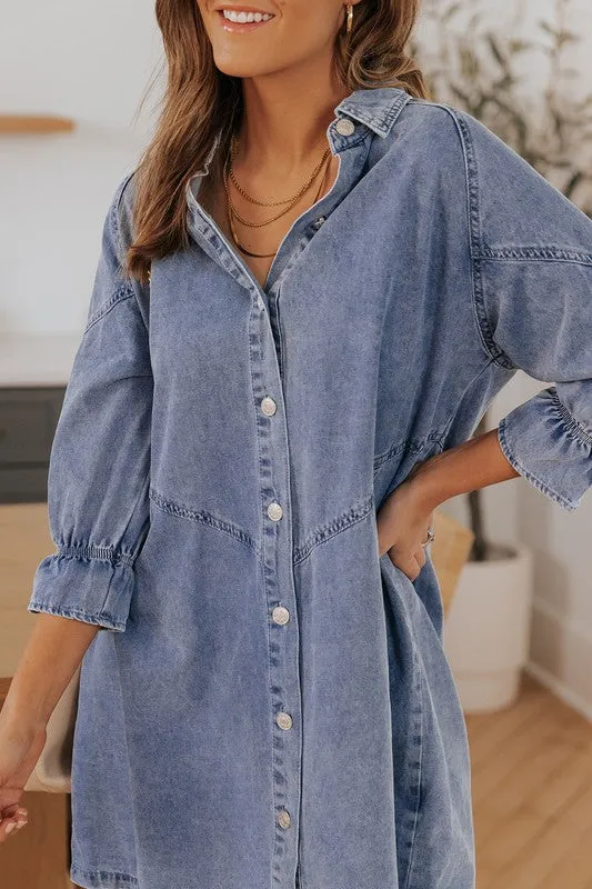 Kalli Sky Blue Buttoned Long Sleeve Denim Mini Dress