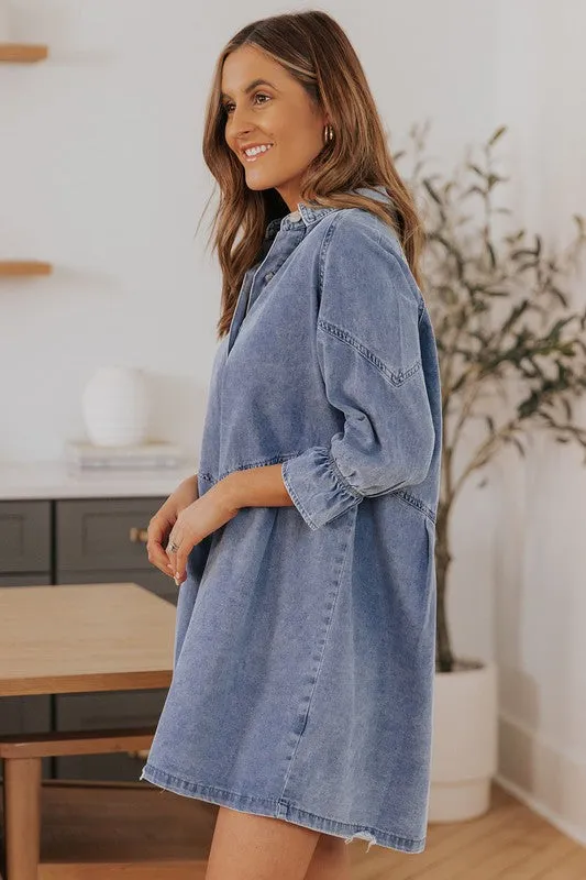 Kalli Sky Blue Buttoned Long Sleeve Denim Mini Dress