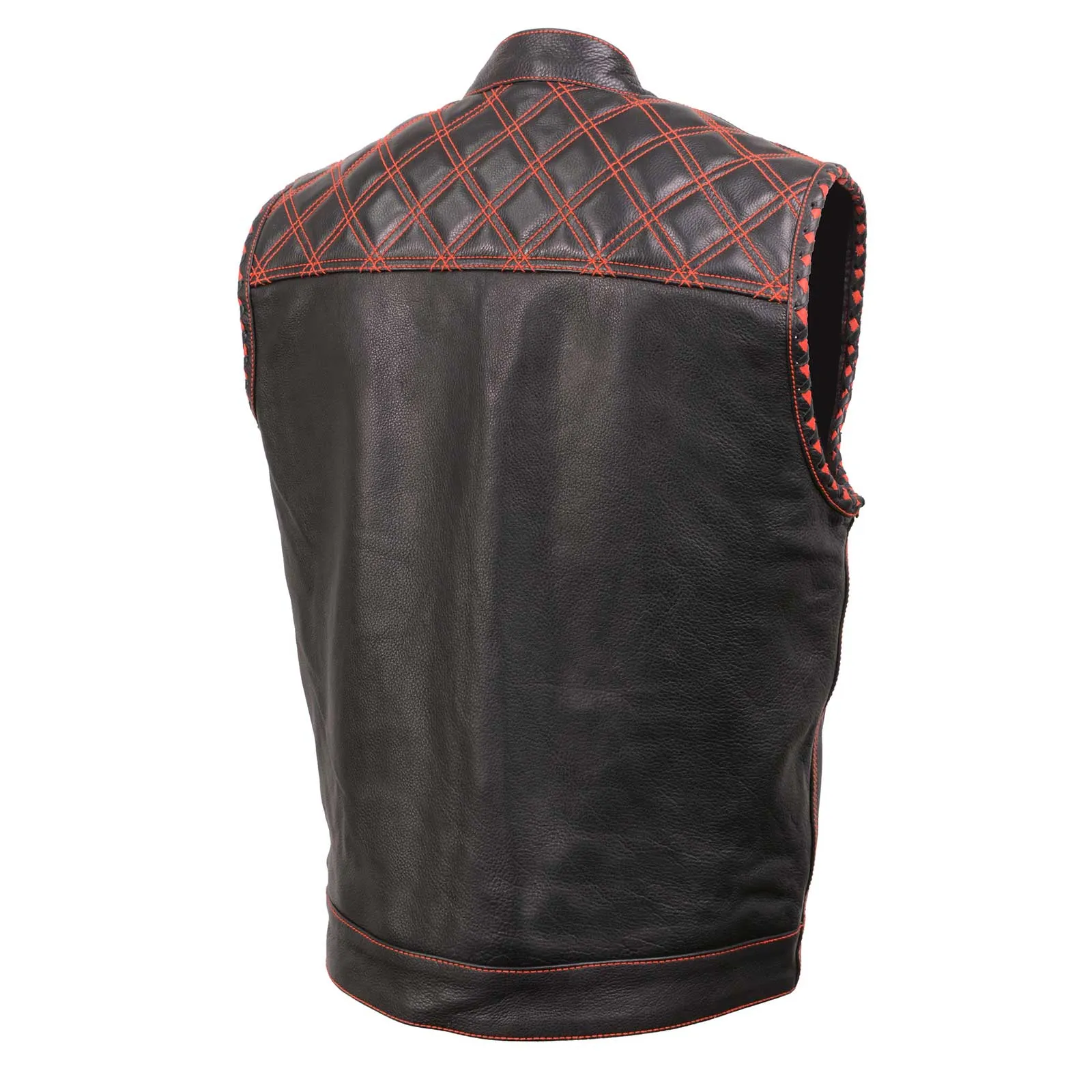 Milwaukee Leather MLM3526 Men's Black 'Paisley' Accented Red Stitching Leather Vest – w/ Armhole Trim Open Collar Design