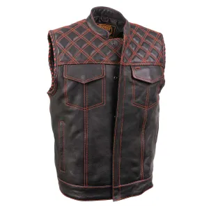 Milwaukee Leather MLM3526 Men's Black 'Paisley' Accented Red Stitching Leather Vest – w/ Armhole Trim Open Collar Design