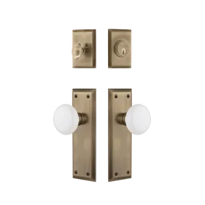 New York Entry Set with White Porcelain Knob in Antique Brass