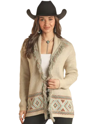 Panhandle Slim Women's With Border And Fringe Tan Sweater