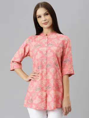 Peach Floral Rayon A-Line Shirts Style Top