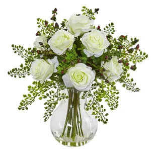 Roses & Maiden Hair Artificial Arrangement in Glass Vase