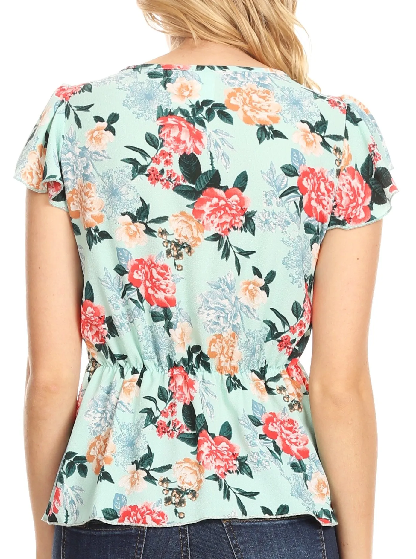 Sakkas Ain Womens Short Sleeve V neck Floral Print Blouse Top Shirt with Ties