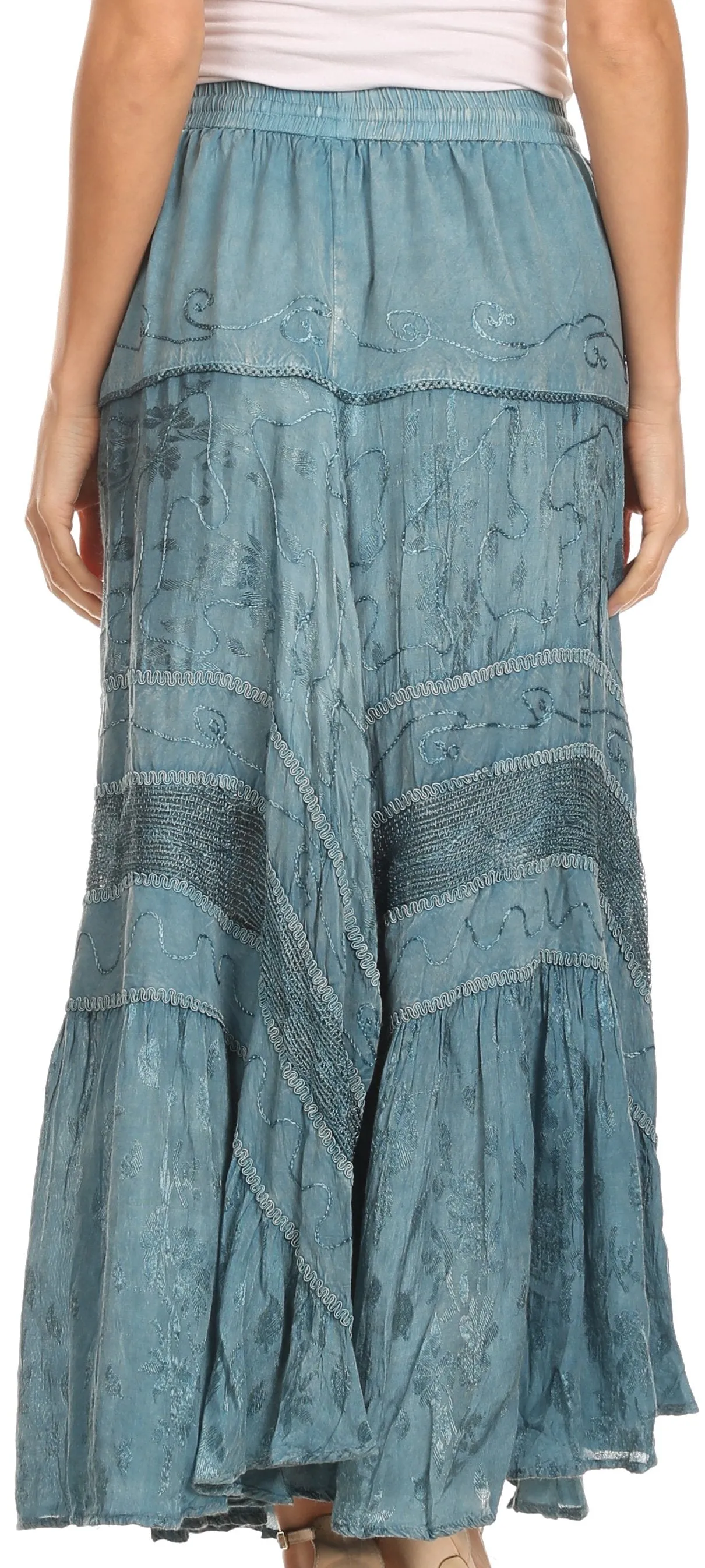 Sakkas Alber Adjustable Waist Boho Skirt With Detailed Embroidery With Ruffle Trim