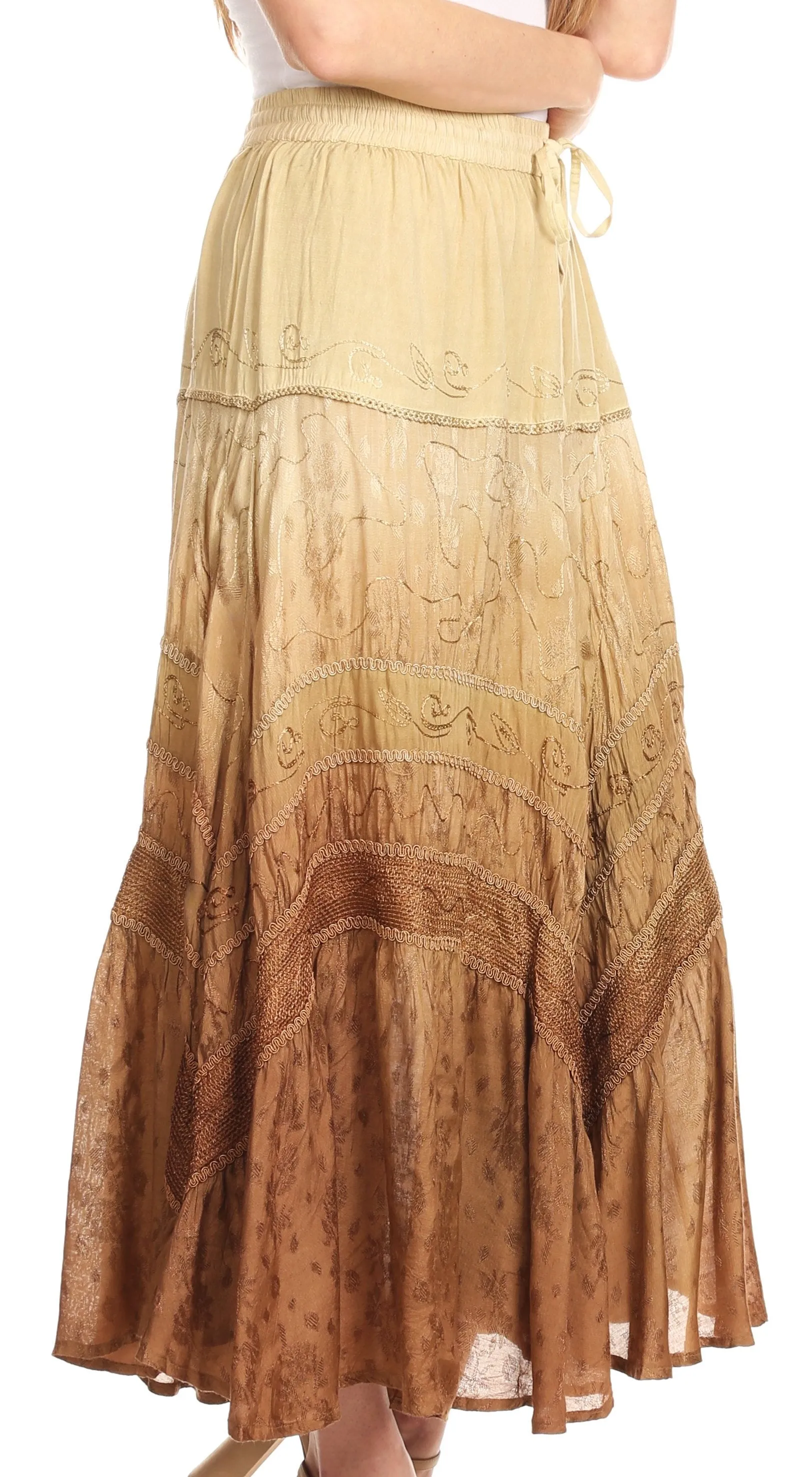 Sakkas Alber Adjustable Waist Boho Skirt With Detailed Embroidery With Ruffle Trim