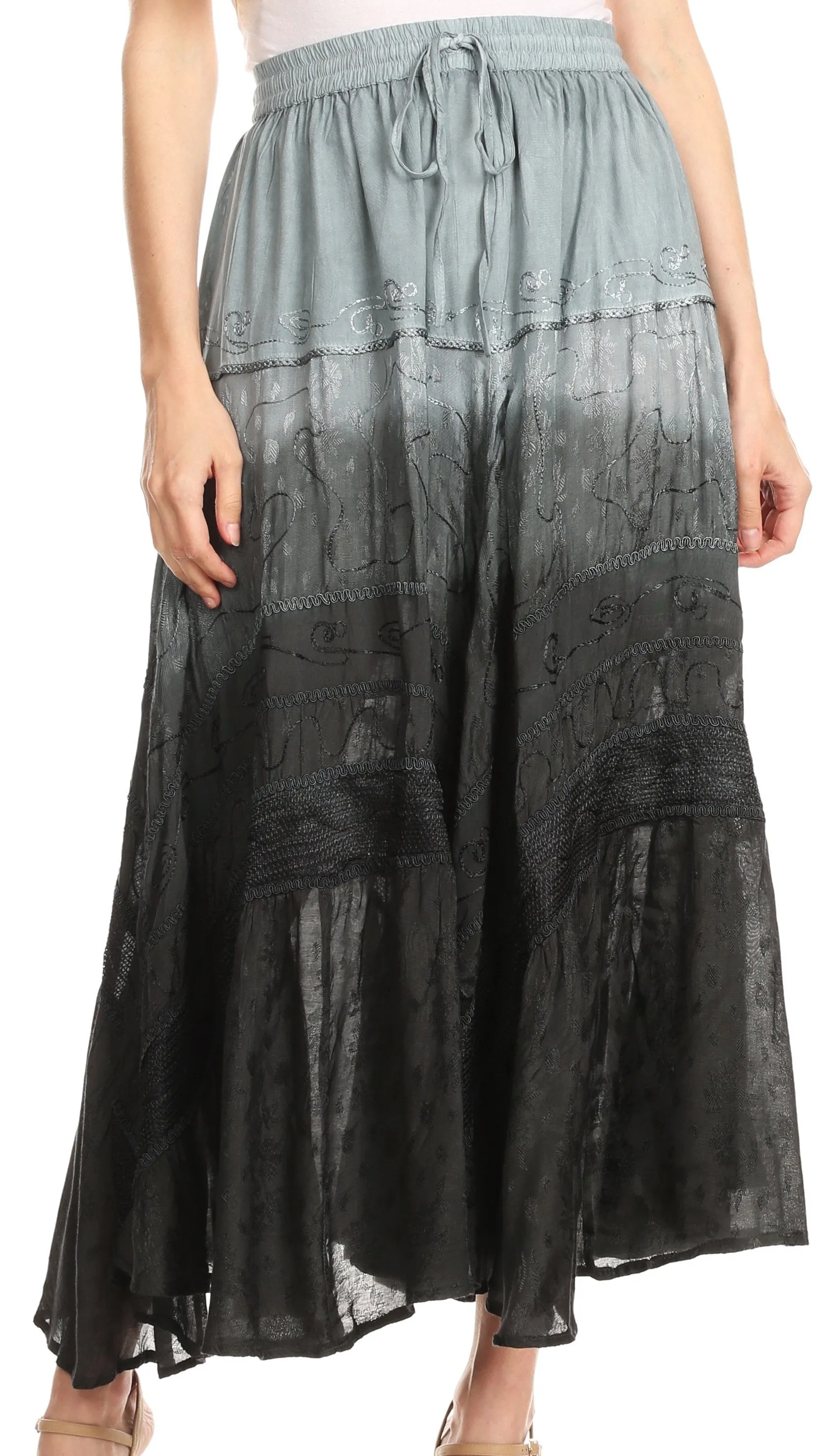 Sakkas Alber Adjustable Waist Boho Skirt With Detailed Embroidery With Ruffle Trim