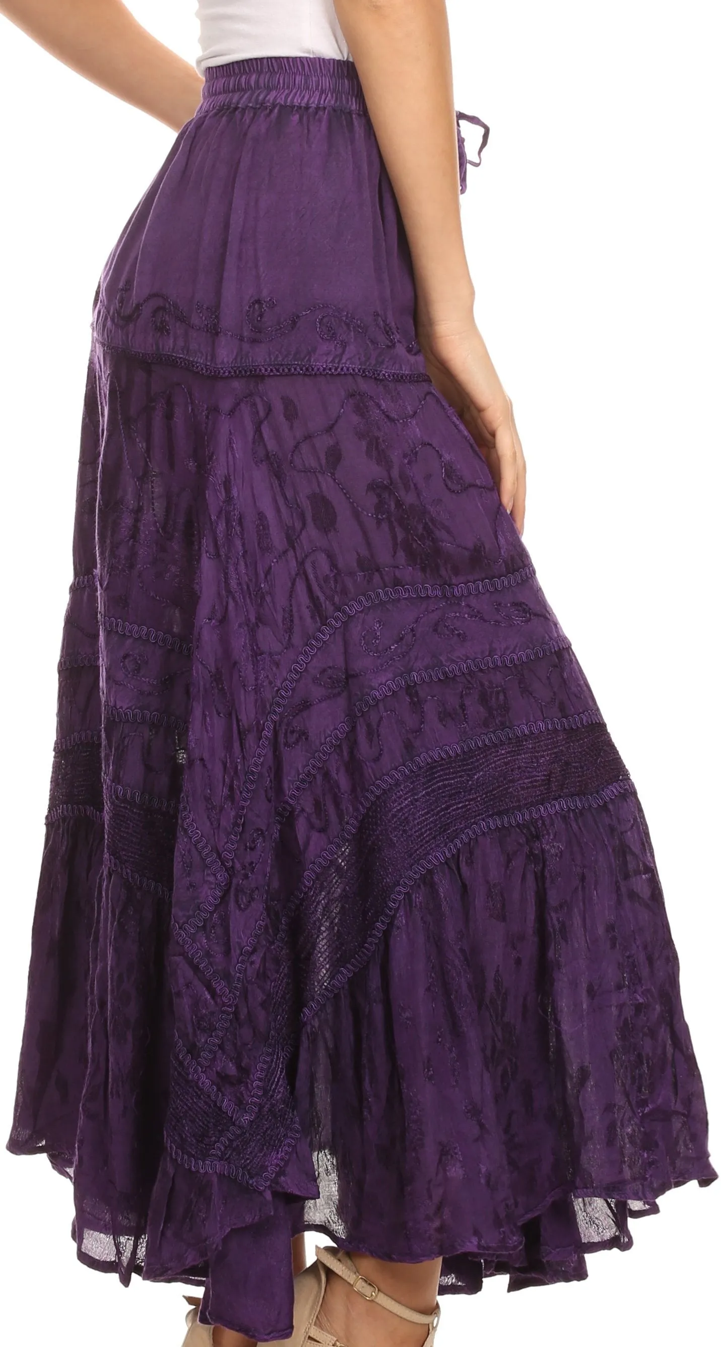 Sakkas Alber Adjustable Waist Boho Skirt With Detailed Embroidery With Ruffle Trim