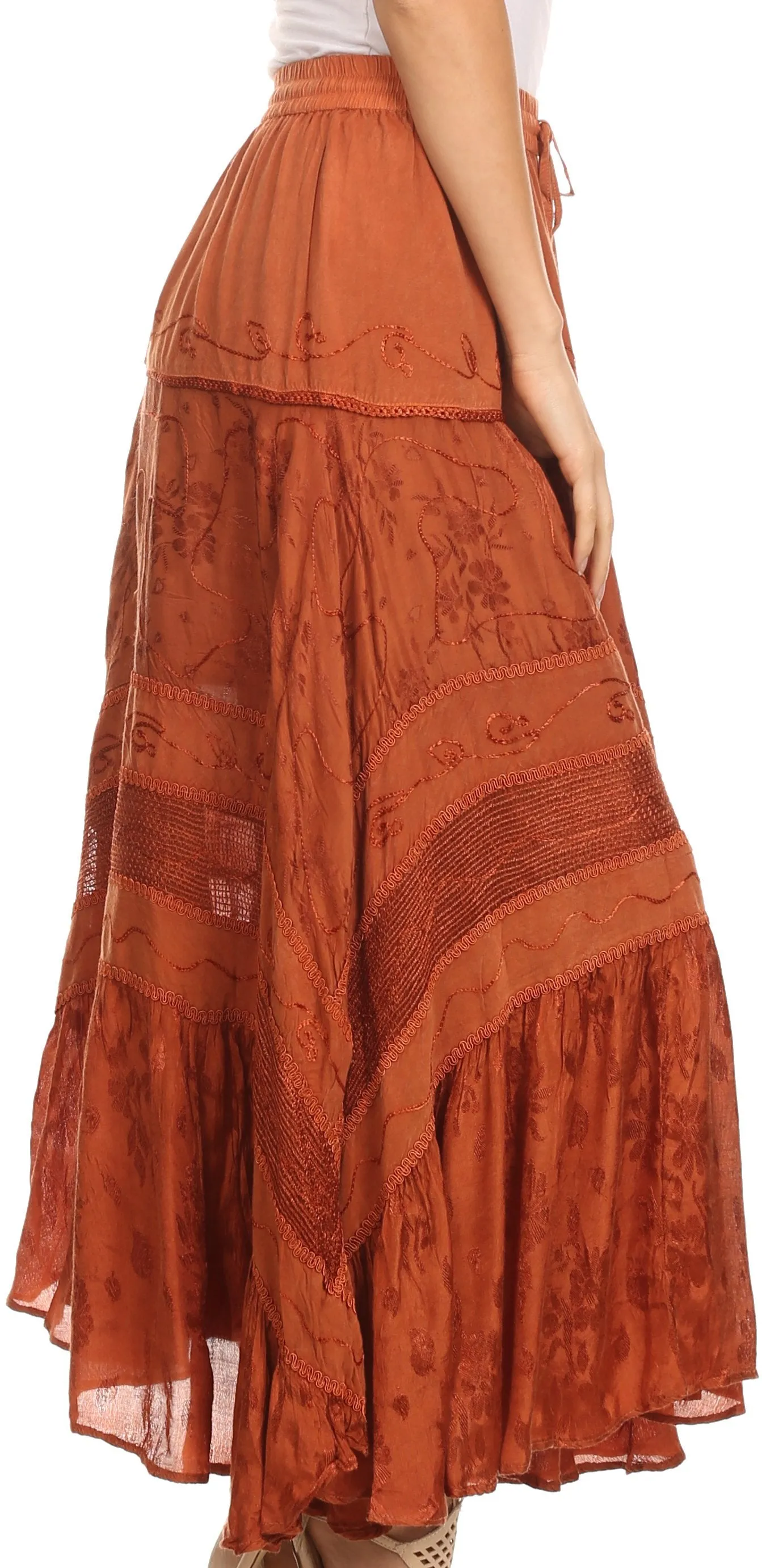 Sakkas Alber Adjustable Waist Boho Skirt With Detailed Embroidery With Ruffle Trim