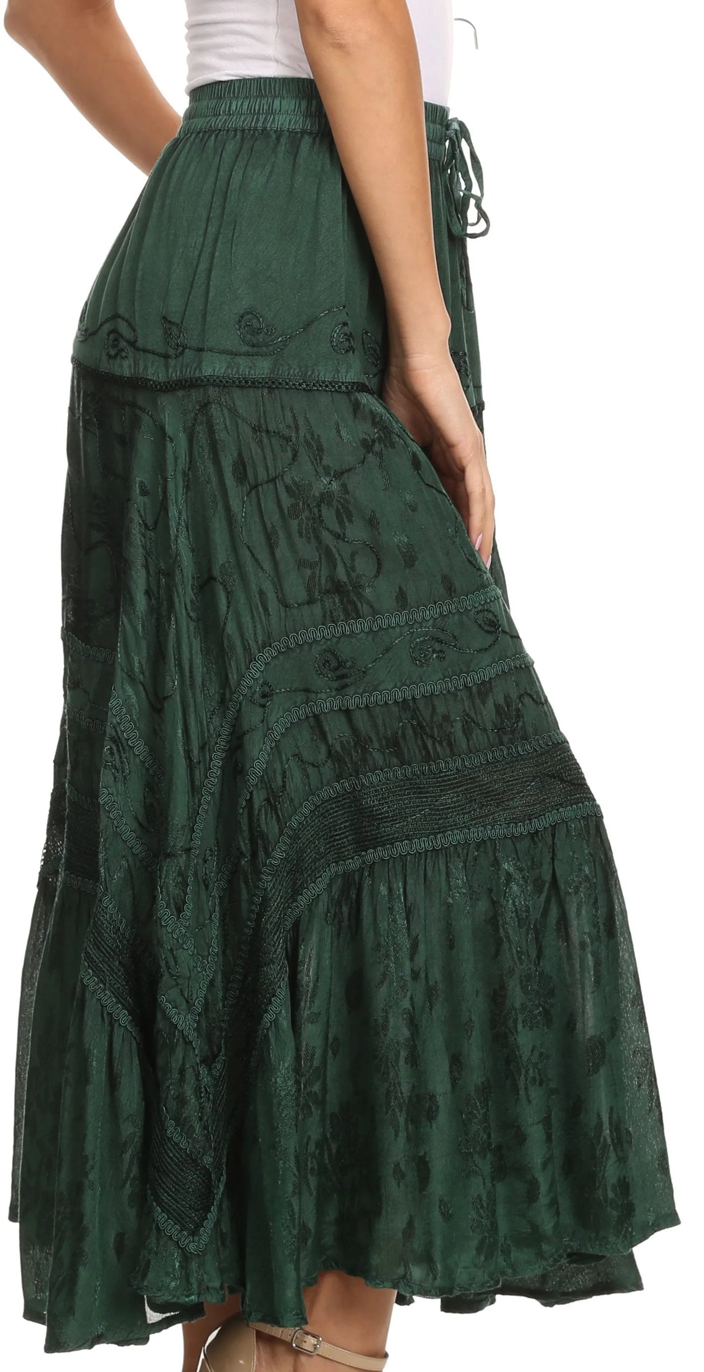 Sakkas Alber Adjustable Waist Boho Skirt With Detailed Embroidery With Ruffle Trim