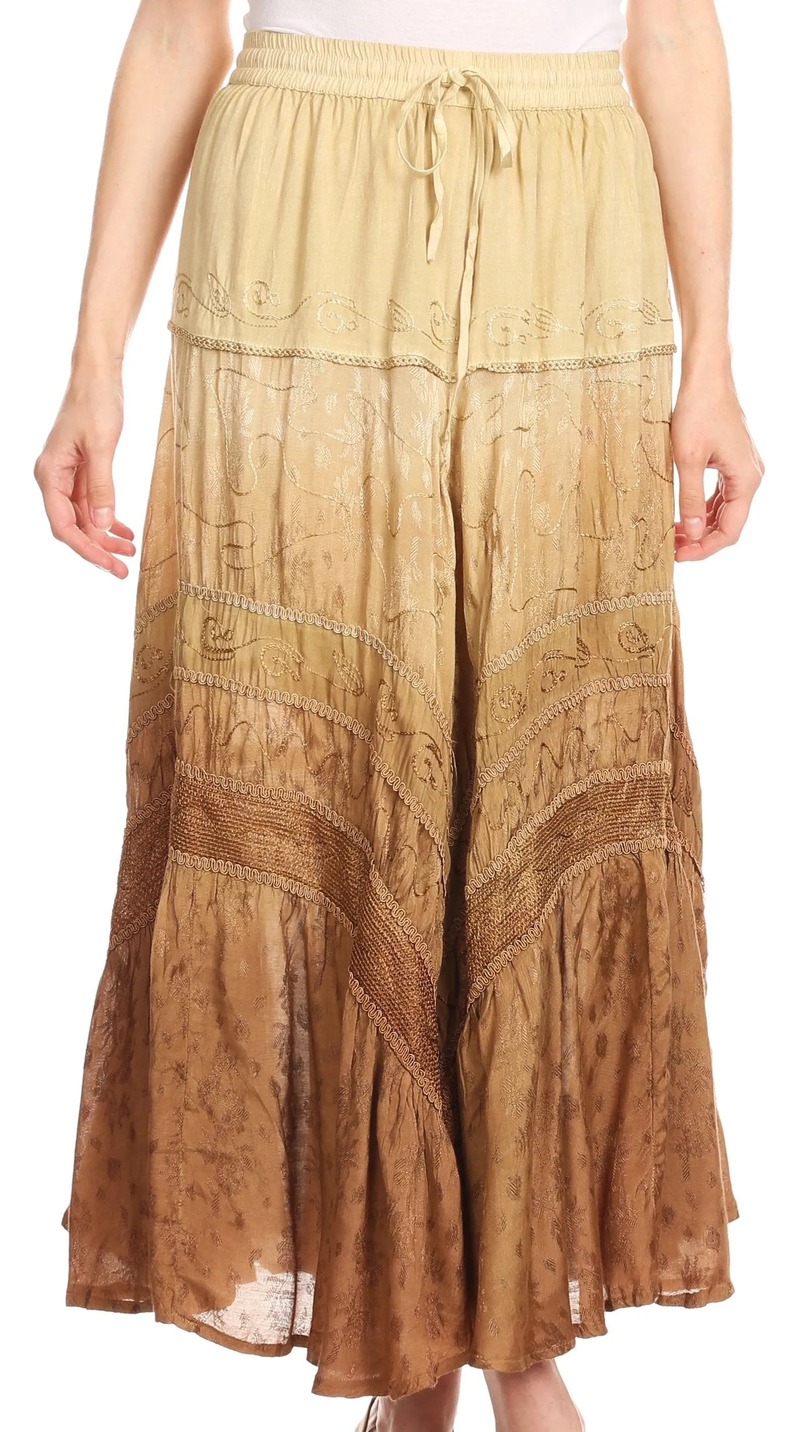 Sakkas Alber Adjustable Waist Boho Skirt With Detailed Embroidery With Ruffle Trim