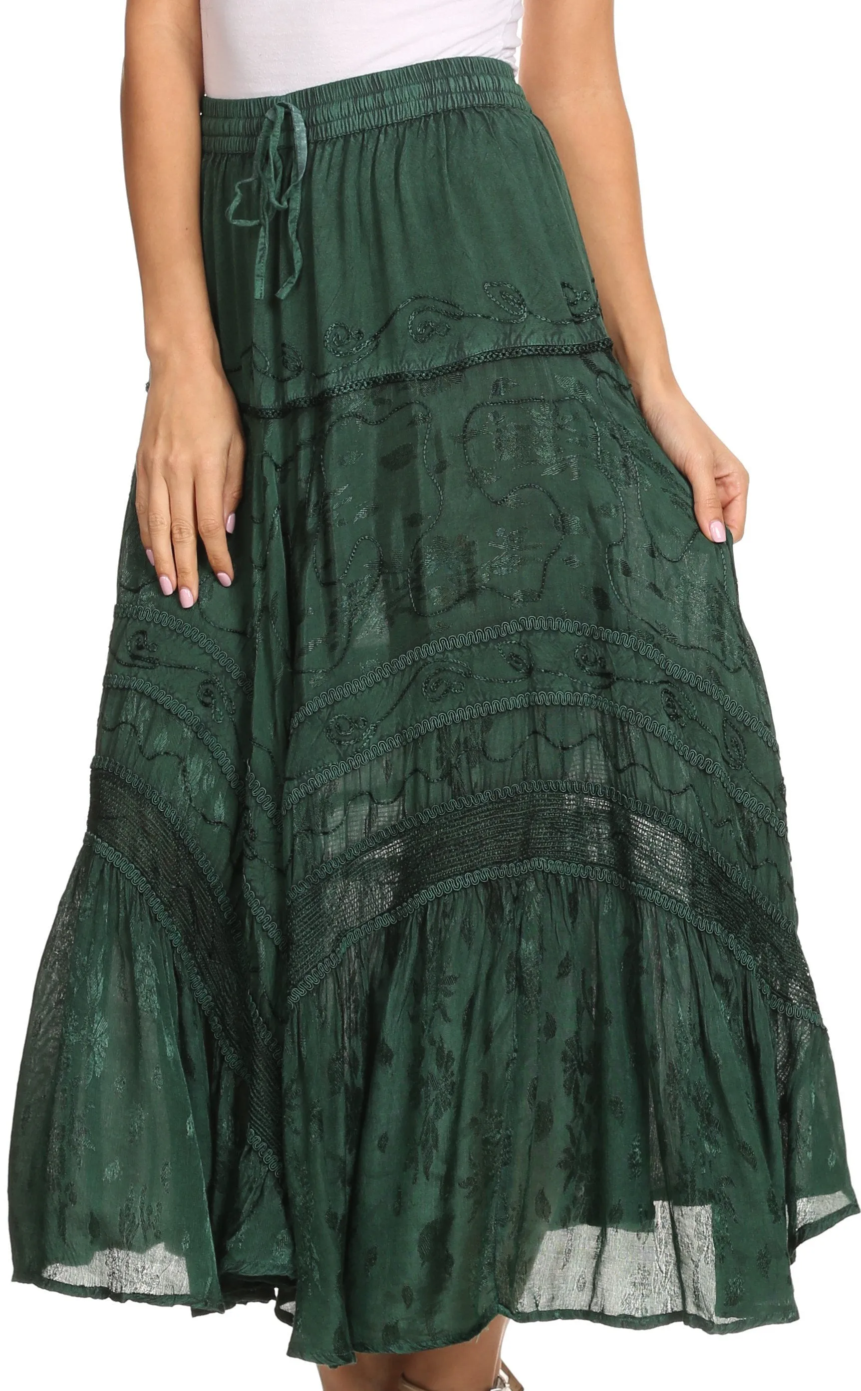 Sakkas Alber Adjustable Waist Boho Skirt With Detailed Embroidery With Ruffle Trim