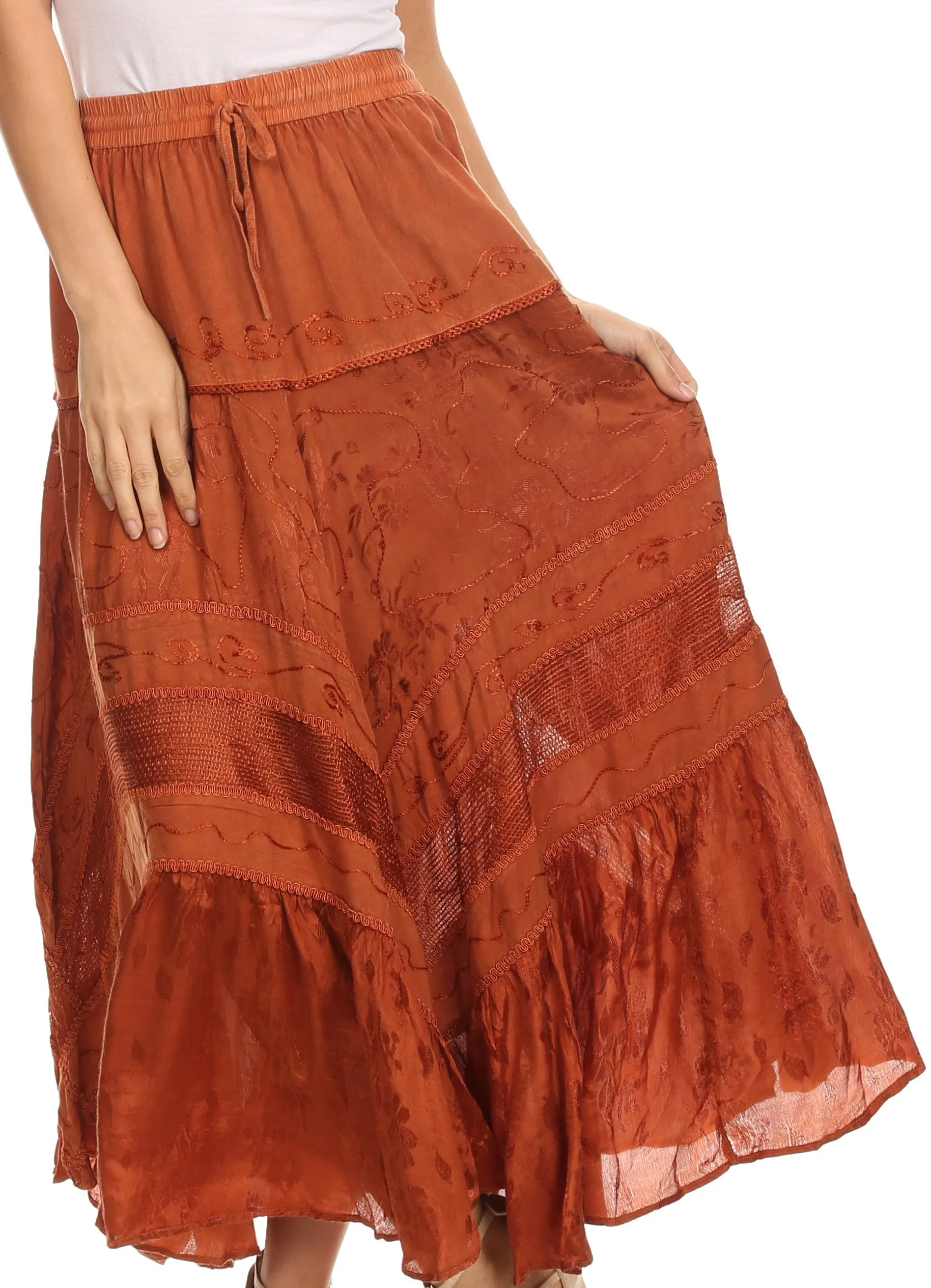 Sakkas Alber Adjustable Waist Boho Skirt With Detailed Embroidery With Ruffle Trim