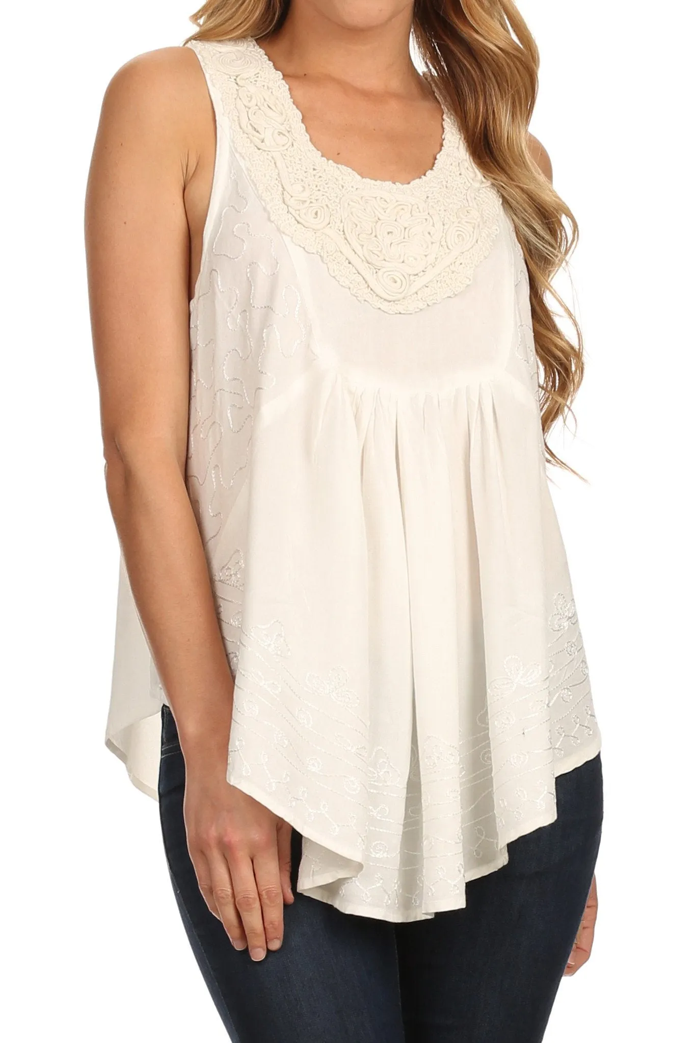 Sakkas Aubrey Delicate Draped Ruffled Embroidered Scooped Neck Sleeveless Blouse