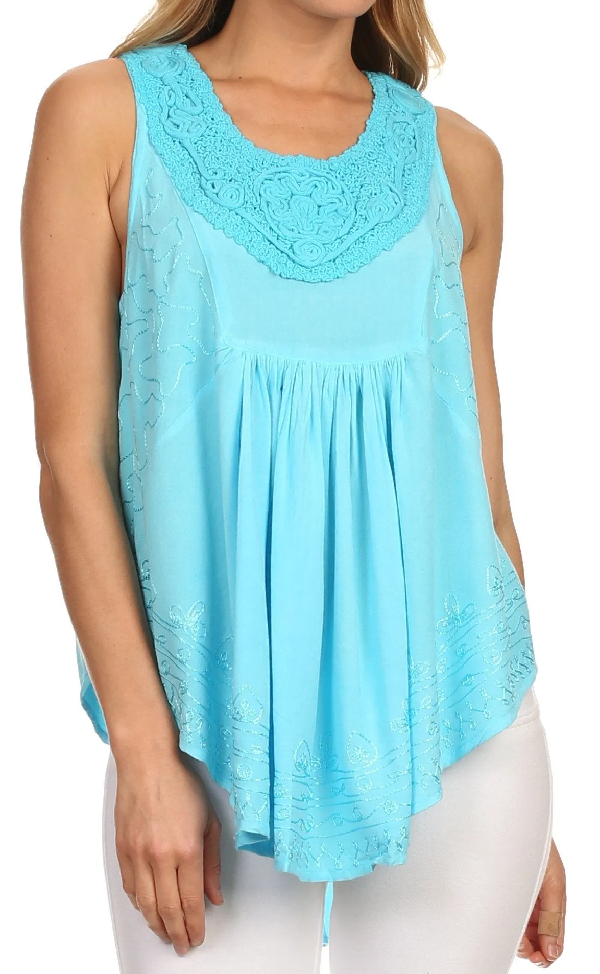 Sakkas Aubrey Delicate Draped Ruffled Embroidered Scooped Neck Sleeveless Blouse