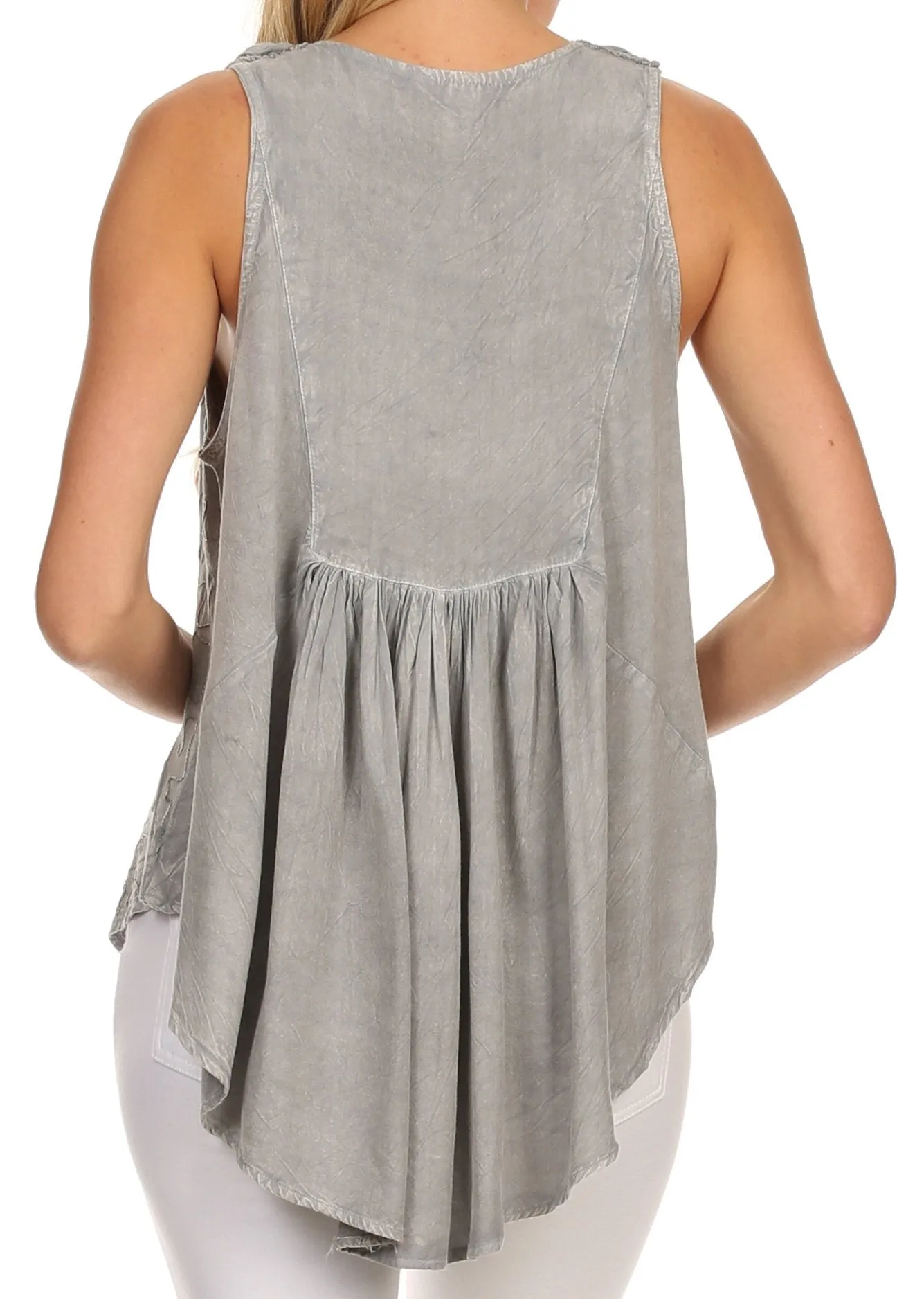 Sakkas Aubrey Delicate Draped Ruffled Embroidered Scooped Neck Sleeveless Blouse