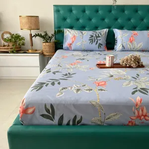 Serene 200 TC 100% Cotton Printed Bedsheet with Pillow Covers - Bloom Ray Blue Grey