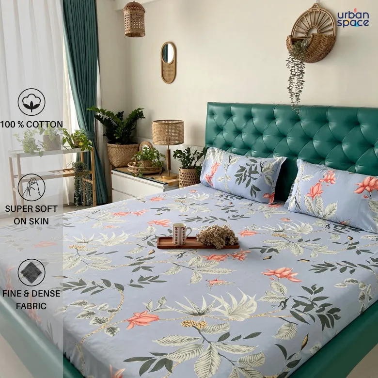 Serene 200 TC 100% Cotton Printed Bedsheet with Pillow Covers - Bloom Ray Blue Grey