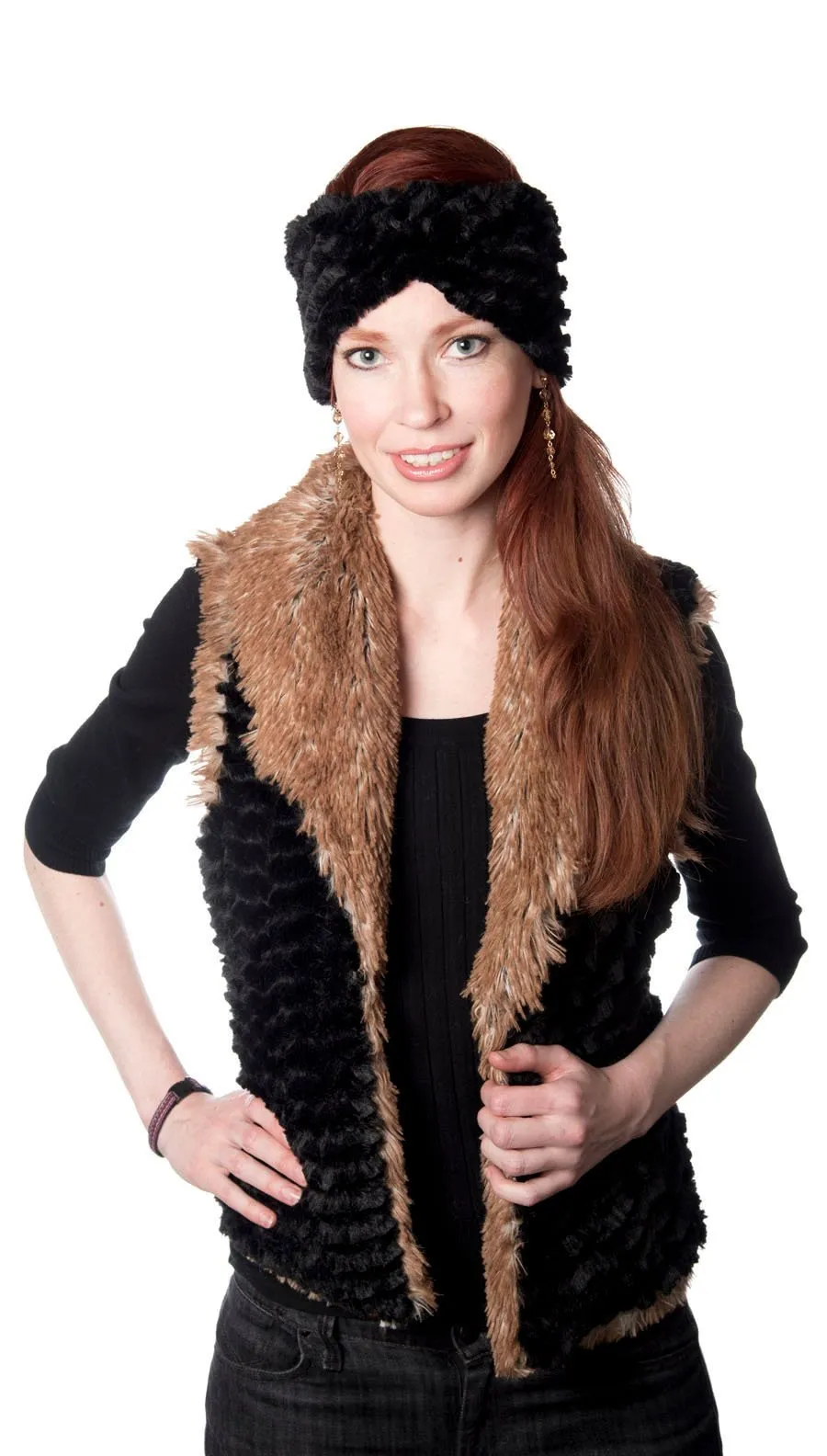 Shawl Collar Vest - Cuddly Faux Fur with Red Fox