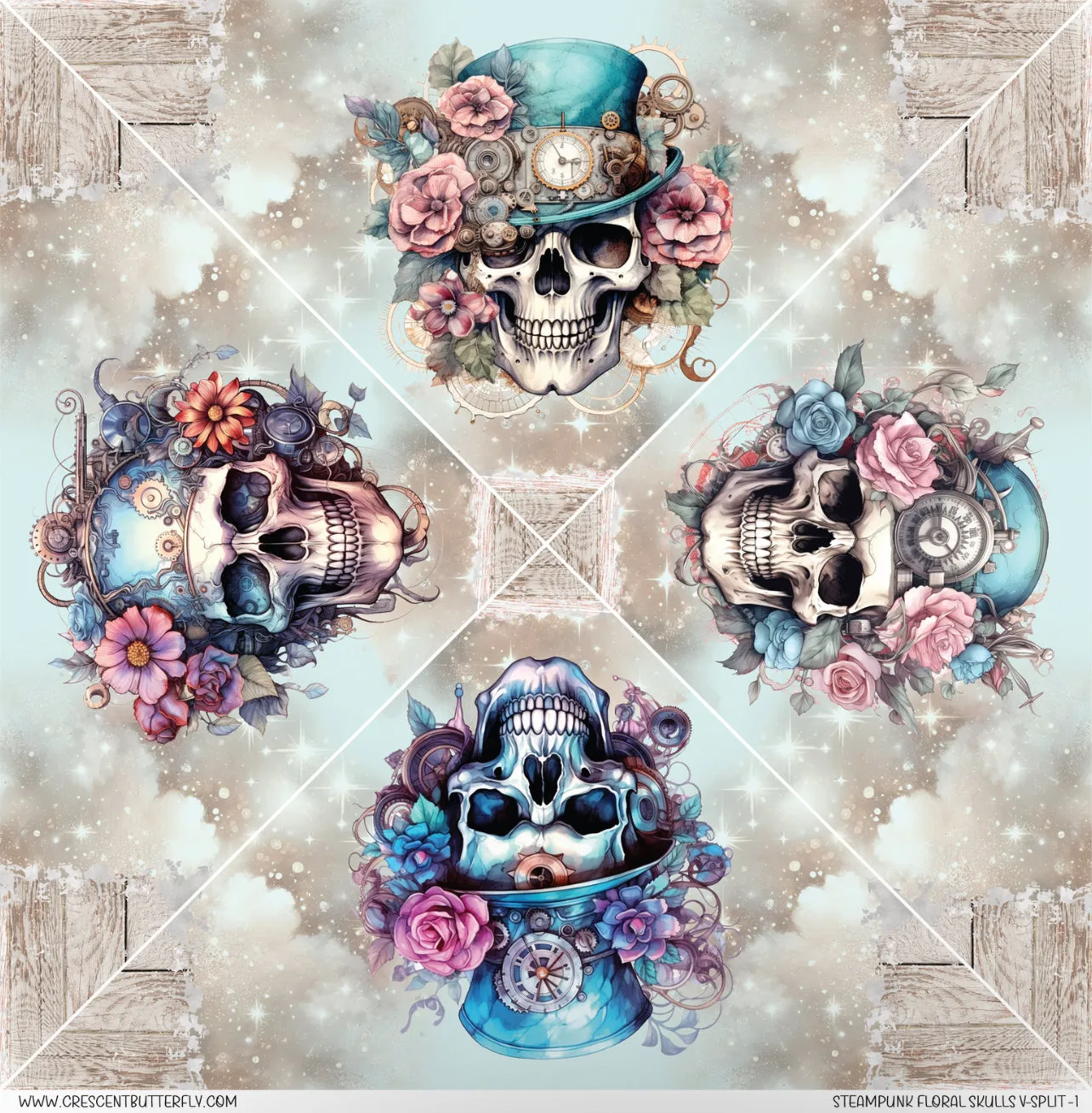 Steampunk Floral Skulls V-Split-1 Printed Vinyl Sheet/Wrap