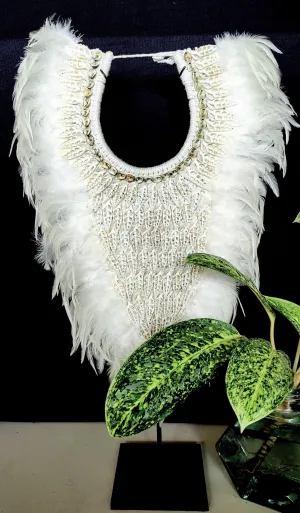 Table Decor: Stunning handmade, white feather and shell necklace from Papua.