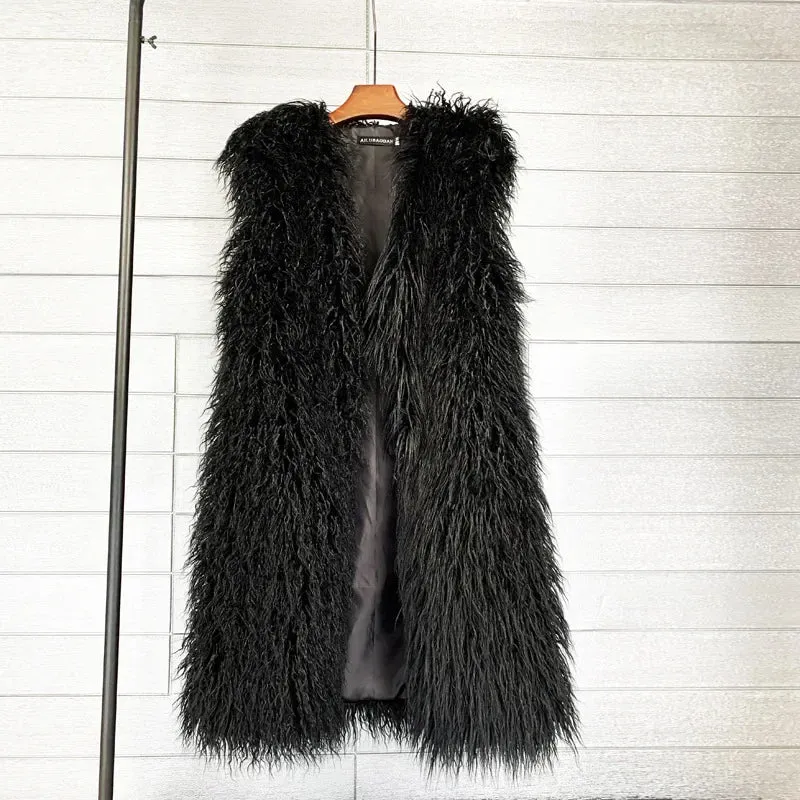 Trendy Faux Long Vest  Plush Coat