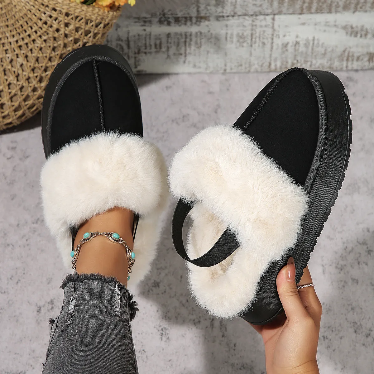 Winter Plush Home Slippers With Back-heeled Elastic Band for Women