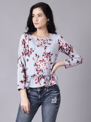 Women Blue Casual Printed Round Neck Top