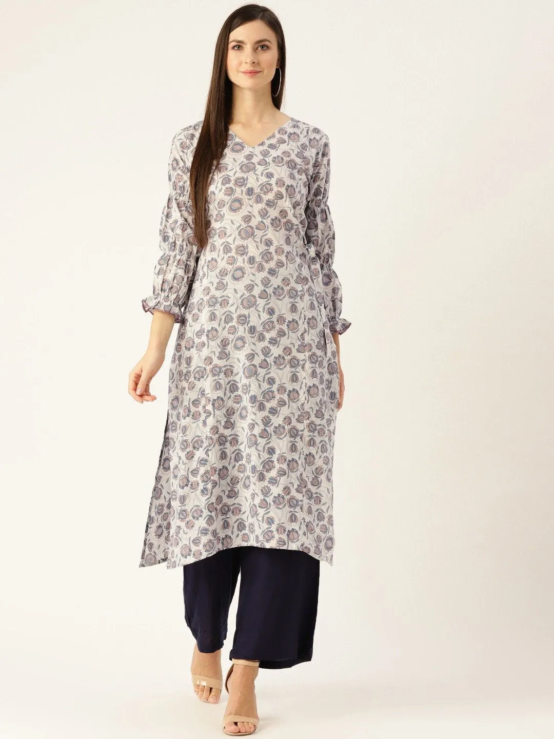 Women Grey Calf Length Three-Quarter Sleeves A-Line Floral Printed Cotton Kurta