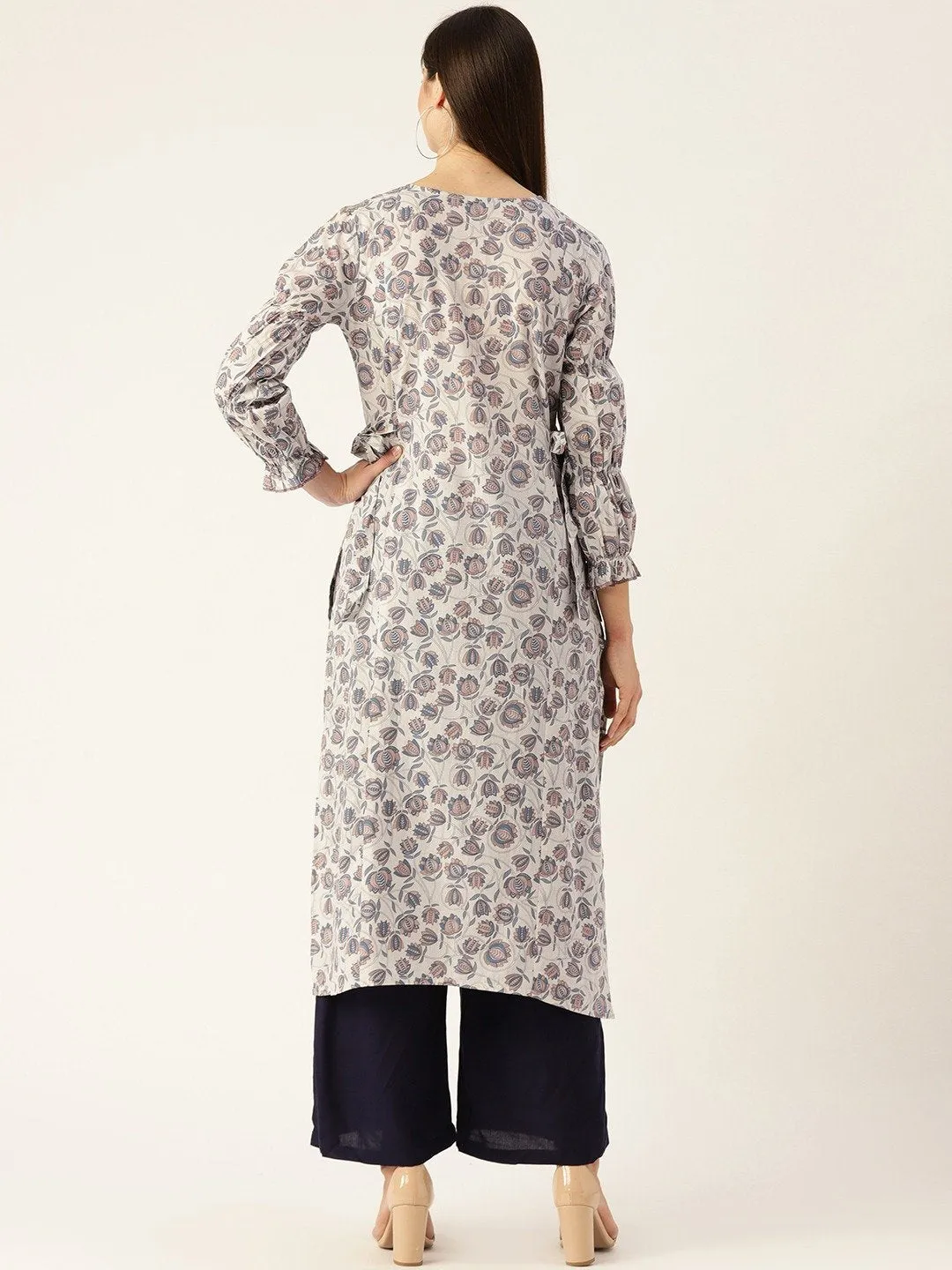 Women Grey Calf Length Three-Quarter Sleeves A-Line Floral Printed Cotton Kurta