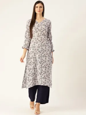 Women Grey Calf Length Three-Quarter Sleeves A-Line Floral Printed Cotton Kurta